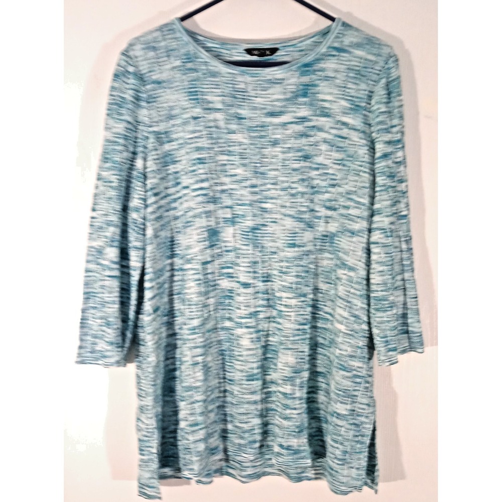 Misook sz L Top Shirt Tunic Blue Heathered Textured knit blouse  3/4 sleeves